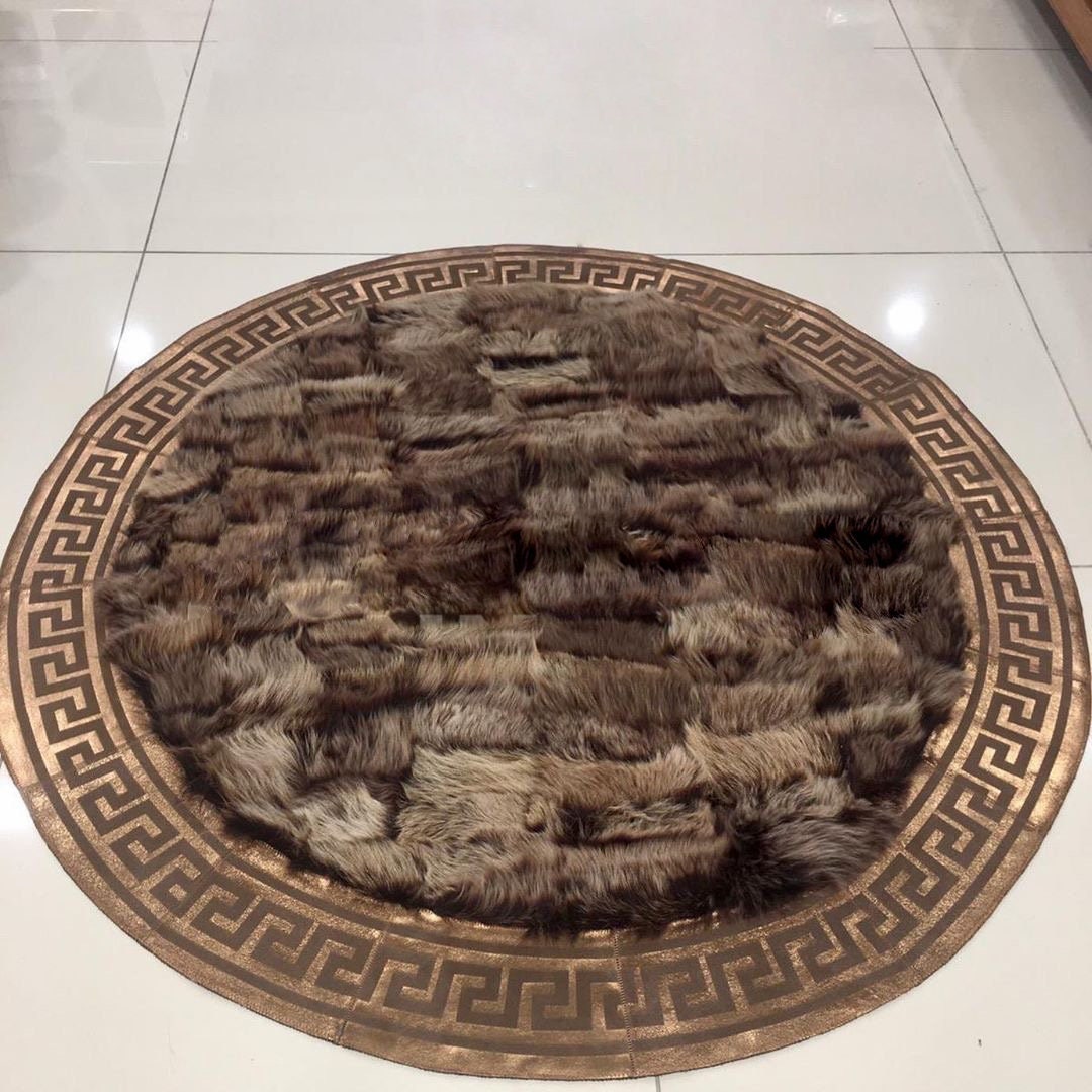 Round Sheepskin Rug, Brown Sheepskin Patchwork Rug for Room Decor