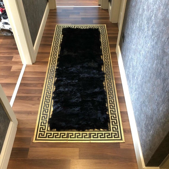 Black Sheepskin Runner Rug, Rug Runner 3x8 for Entryway/kitchen