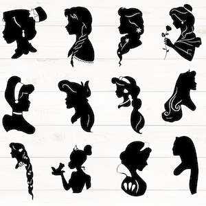 Può includere: Immagini di silhouette nere di vari profili di principesse. L'immagine include 12 diverse silhouette di principesse, ognuna con acconciature e dettagli unici. La parte inferiore dell'immagine mostra i tipi di file: .DXF, .SVG, .EPS e .PNG.