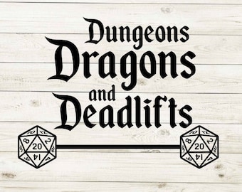 Puede incluir: Diseño gráfico en blanco y negro con el texto "Dungeons Dragons and Deadlifts" con dos dados de 20 caras a cada lado de una línea negra.