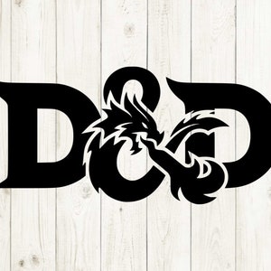 May include: Black graphic of the letters "D&D" with a dragon illustration. The dragon is positioned between the letters. The design is set against a light wood grain background.