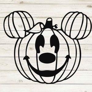 May include: Black and white line art illustration of a pumpkin with Mickey Mouse ears and a smiling face.