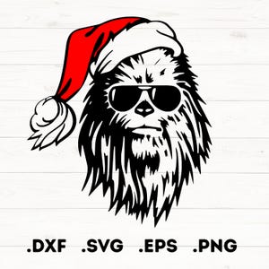 May include: Black and white graphic of a furry creature wearing sunglasses and a Santa hat. The creature has a stern expression. The image includes the file types .DXF, .SVG, .EPS, and .PNG.