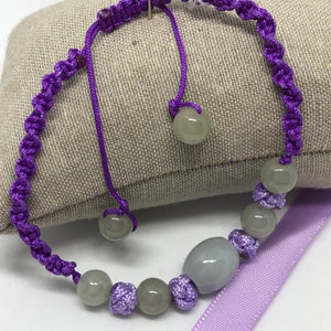 Natural Grade A Icy Green Jade Beads on Braided Purple String Bracelet and Cloudy and Icy Light Lavender Donuts Purple String Bracelet