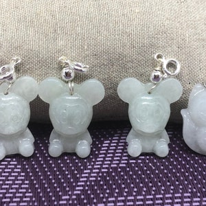 Natural Grade A Cloudy White Baby Mickey Mouse and Baby Fox Jade Pendants on S925 Sliver spring ring clasp
