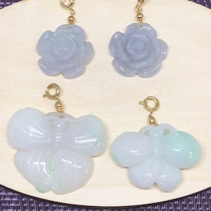 Natural Grade A Light Lavender Rose Jade and White/light Apple Green Butterfly Jade Pendants on 14K gold filled spring ring clasp