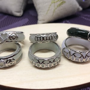 Natural Grade A Icy Cloudy White and Green Jade Two-in-One Rings Set