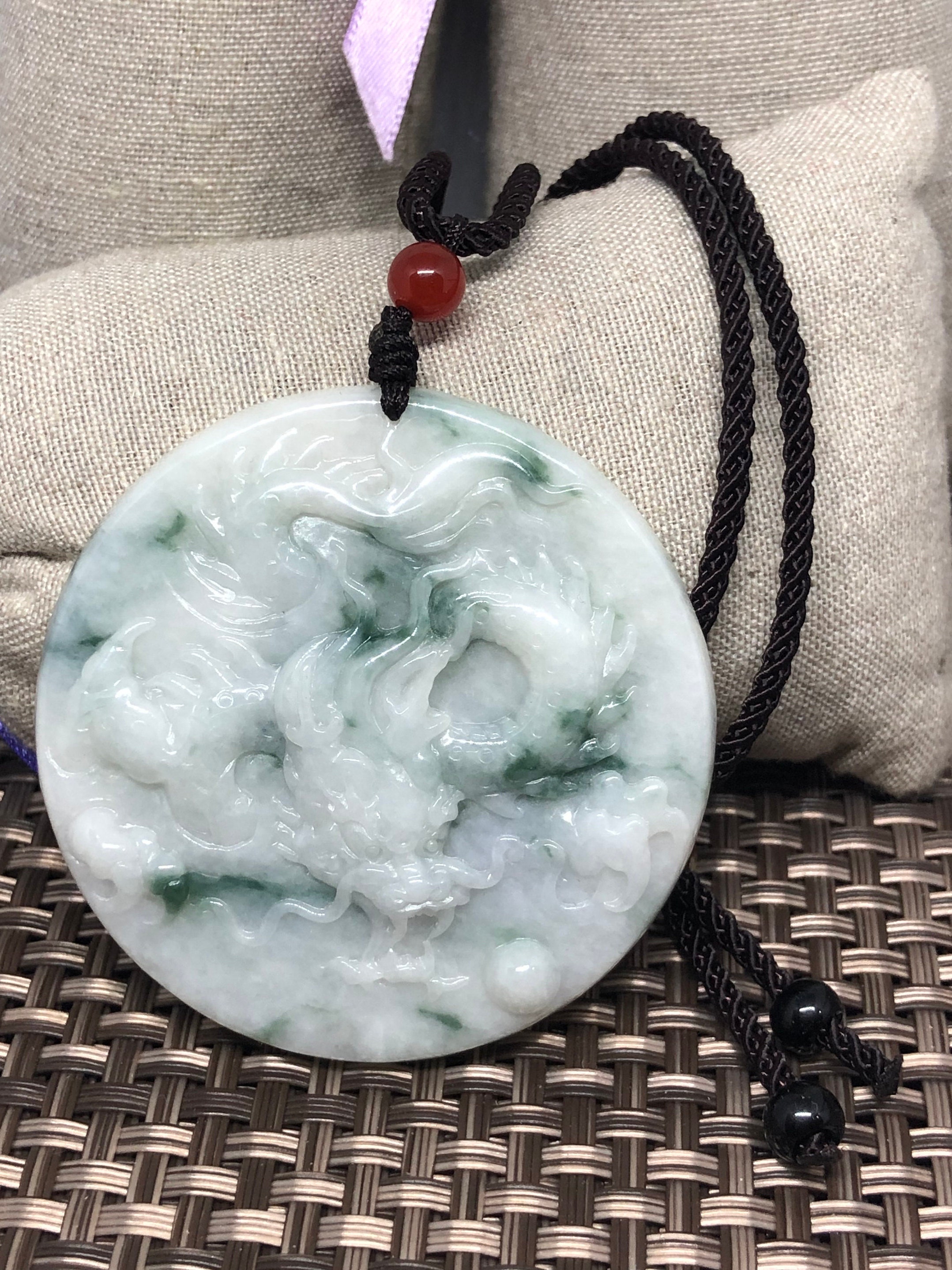 Pendentif Rond Dragon En Jade Vert-blanchâtre - Neuf Sans Emballage - Bijou Fantaisie Unisexe