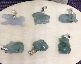 Natural Grade A Icy White and Green Animals Silver Clip Pendants with manmade 18 inch faux leather chain.