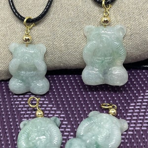 Natural Grade A Icy Cloudy White and Light Apple Green Bears Jade Pendants on 14K gold filled spring clasp w/18 inch Leather Chain