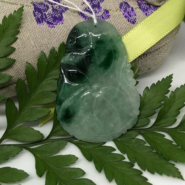 Natural Grade A Icy Cloudy White Apple Green to Dark Green Lotus Leaf Jade Pendants w/simple adjustable string necklace