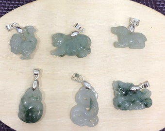 Natural Grade A Icy White and Green Animals  Silver Clip Pendants with manmade 18 inch faux leather chain.