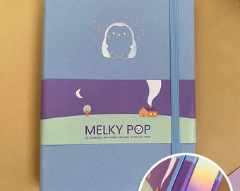A5 Linen Journal Notebook Planner | Holographic Foil Page Edges | 160 gsm | Dot Grid | Cute Kawaii Penguin