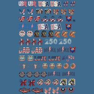 May include: A sheet of patriotic nail decals featuring red, white, and blue designs including USA text, American flags, eagles, fish, cherries, bows, hearts, and the numbers 250. The graphics incorporate stars and stripes patterns throughout the collection.