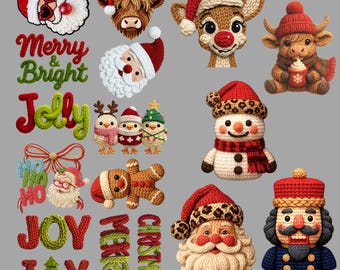 May include: A collection of knitted Christmas-themed designs on a gray background. Includes Santa Claus, a reindeer, a snowman, a nutcracker, and other festive characters. Text elements include "Merry & Bright", "Jolly", "Joy", and "Merry Christmas".