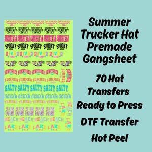 May include: A premade gangsheet for summer trucker hats. The design sheet features various summer-themed phrases and graphics in bright colors, including "Salty," "Beach," and "Lake." The sheet includes 70 hat transfers, ready to press, and is a DTF transfer with a hot peel.