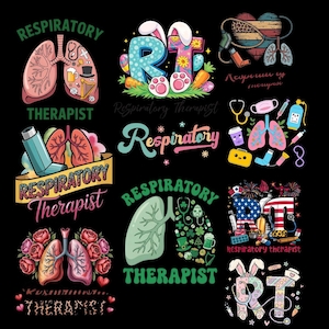 May include: A collection of colorful graphic designs on a black background, featuring images related to respiratory therapy. Designs include lungs, medical tools, and text that reads "Respiratory Therapist".
