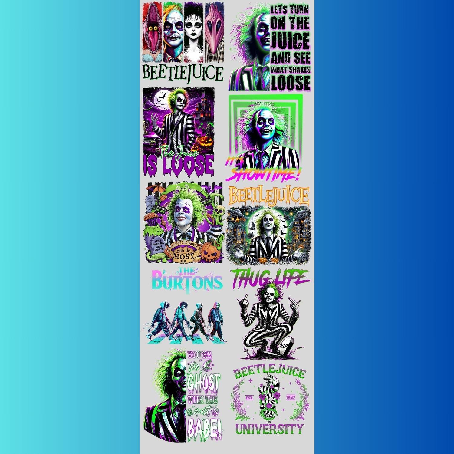 Beetlejuice premade DTF gang sheet, Halloween Prints, Halloween Transfers, Killer Halloween transfers, Spooky transfers, Thug Life Prints