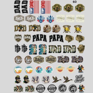 May include: A collection of various decals with hunting and patriotic themes. Designs include ducks, dogs, fish, and the words "Top Dad," "Dad," and "Papa." Some decals feature American flag stripes and the text "Local Boy."