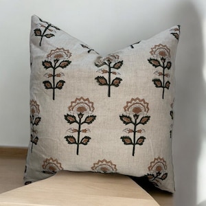 Handcrafted Linen Pillow Cover - Natural & Eco-Friendly Home Décor, Hand Block Floral Pillow Covers,  Hand Blocked Cushion Cover