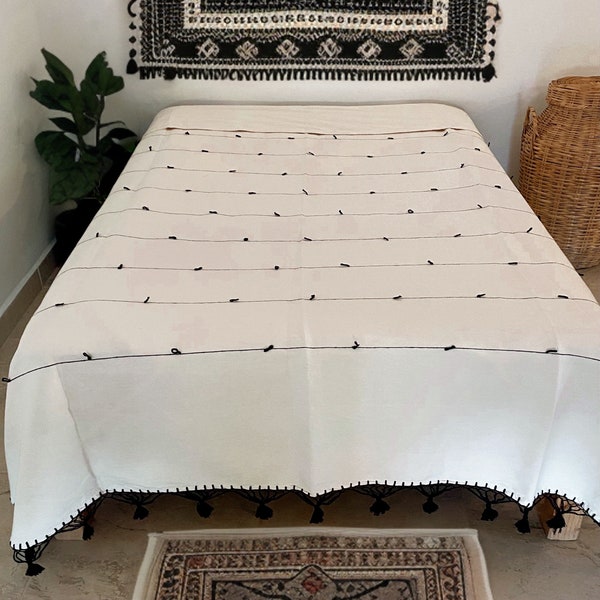 Handmade, Full-Queen Sized Cream and Black Mexican Blanket. Traditional Hand-Loomed, Oaxacan Bed Spread with Bohemian Styled Tassels.