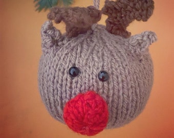 Rudolf, Handmade knitted Christmas decoration, hanging bauble, Irish, made in Ireland, Christmas gift, quirky cute gift, Rudolph reindeer