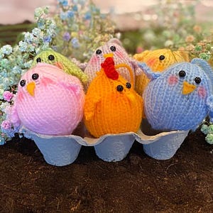 Mixed carton of 6 Easter chicks, handmade knitted Easter decoration, Irish, made in Ireland, chick,  bauble, Easter gift, quirky cute gift