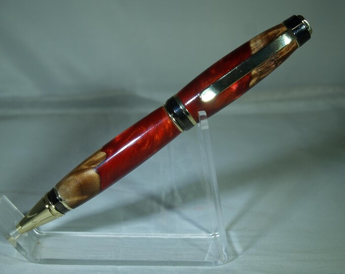 Golden and gun metalcigar pen dressed in maple burl and alumilite resin
