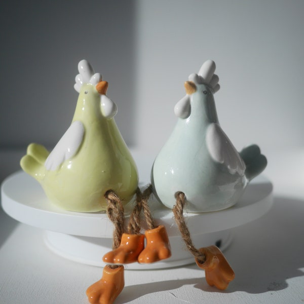 Pair of Ceramic Chicken Decorations With Long Dangling Legs| Spring Decor | Easter Decor | Easter Gift