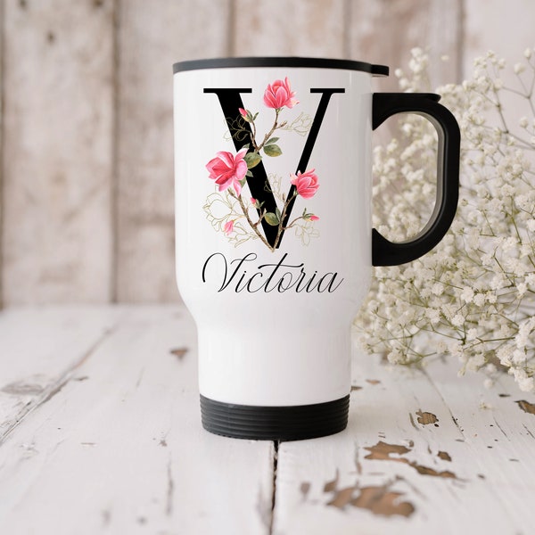 Personalised Travel Mug, Any Name, Floral  Magnolia Alphabet  Design  , Double Side Print, Insulated Travel Mug, Gift Mug Idea