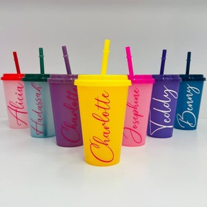 Printed CUP & SWIRL STRAW Reusable Cup & Lid Kids Drinking ware Party  Picnic UK