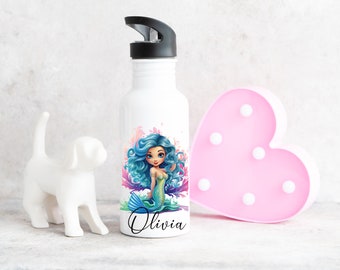 Personalised Mermaid Kids Water Bottle, Any Name Straw Bottle, Stainless Steel School Water Bottle 600ml