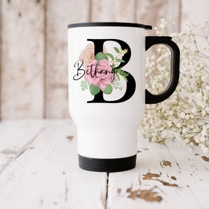 Personalised Travel Mug, Mug With Lid, Any Name, Floral  Roses Alphabet  Design , Double Side Print, Insulated  Mug, Initial Cup