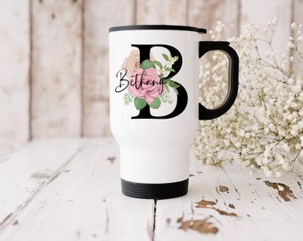 Personalised Travel Mug, Mug With Lid, Any Name, Floral  Roses Alphabet  Design , Double Side Print, Insulated  Mug, Initial Cup