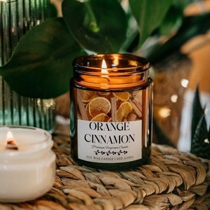 Candela in cera di soia all'arancia e cannella, candela realizzata a mano con biglietto di messaggio personalizzato, candela festosa in vetro ambrato in confezione regalo