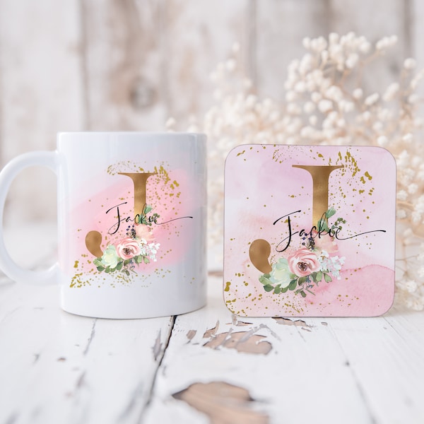 Mug personnalisé, mug prénom, mug en porcelaine tendre, coffret cadeau mug et dessous de verre, dessous de verre initial personnalisé, cadeau mug prénom et dessous de verre