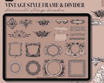 Vintage style frames, text dividers and ribbon banners, Procreate stamp brushes, vintage ink stamps, antique procreate stamps