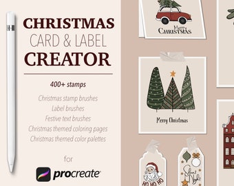 Procreate Christmas Card Creator, Christmas labels, Procreate Christmas tag stamps, winter stamp Brushes, Christmas doodles