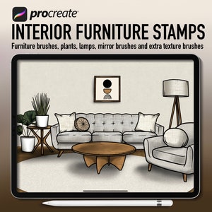 Procreate meubelstempels, woonkamerontwerper, lineart-penselen interieur, meubelmix en match, interieurarchitectuur