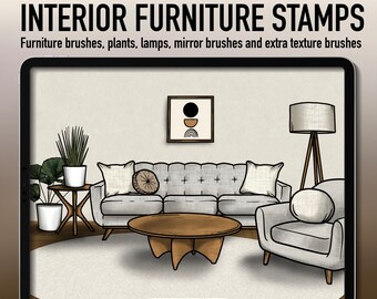 Sellos para muebles de interior de Procreate, creador de salas de estar, pinceles de arte lineal para interiores, combinación de muebles, arquitectura de interiores
