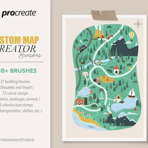 Procreateマップ作成ツール、かわいい小さな町のイラスト、Procreateスタンプブラシ、ファンタジーマップ作成キット、カスタム地図作成セット