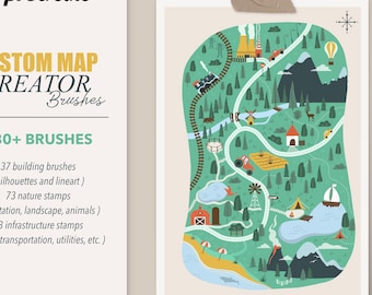 Creador de mapas de Procreate, ilustración de un pequeño pueblo, pinceles de sellos de Procreate, kit para crear mapas de fantasía, conjunto de cartografía personalizada