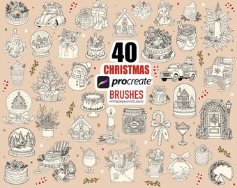 Procreate Christmas brushes, Festive line art illustrations, holiday decorations, Xmas snowglobe