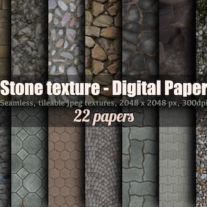 Pack de papier de scrapbooking numérique à texture de pierre, motif de roche et de gravier sans couture, toile de fond de photographie numérique, texture de pavage de pierre 4K