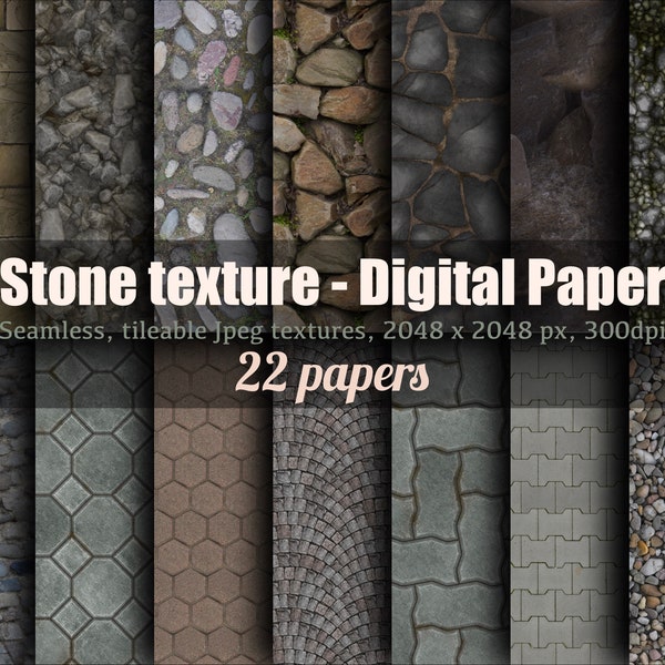 Stone texture digital scrapbook paper pack, Seamless rock and gravel pattern, digital photography backdrop, 4K stone paving texture