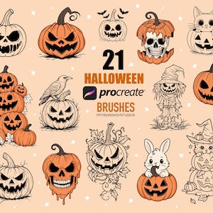 May include: A collection of 21 Halloween-themed Procreate brushes featuring various pumpkin designs, a scarecrow, a cat, a rabbit, and a skull. The pumpkins are in orange and black, with different carved faces. The text "21 Halloween Procreate Brushes" is also included.