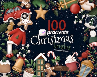 Pinceles navideños Procreate, garabatos navideños, sellos navideños Procreate, pegatinas navideñas, pinceles de invierno, paquetes de pinceles