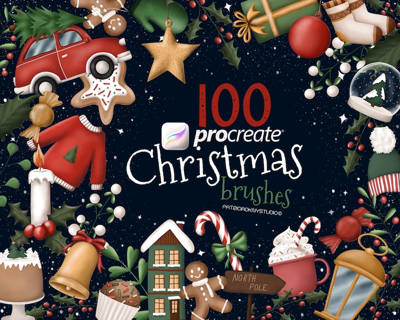 Puede incluir: Una colecci&oacute;n de 100 pinceles de Navidad para Procreate con ilustraciones de objetos festivos como galletas de jengibre, bastones de caramelo, una casa, un mu&ntilde;eco de nieve, una linterna, una campana, una taza de chocolate caliente y un su&eacute;ter navide&ntilde;o. El texto "100 Procreate Christmas Brushes" se muestra en el centro de la imagen.