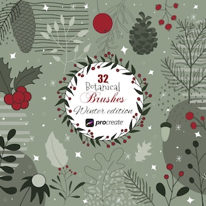 Puede incluir: Un conjunto de 32 pinceles botánicos para Procreate, con diseños de temática invernal. Los pinceles incluyen piñas, acebo, bayas, hojas y otros elementos invernales. Los pinceles son perfectos para crear ilustraciones, patrones y otros proyectos creativos.