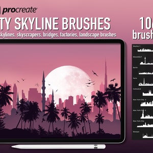 Procreate cityscape stamp brushes - City skyline creator, skyscraper brushes, factory, bridge, building stamps, Procreate skyline stamps